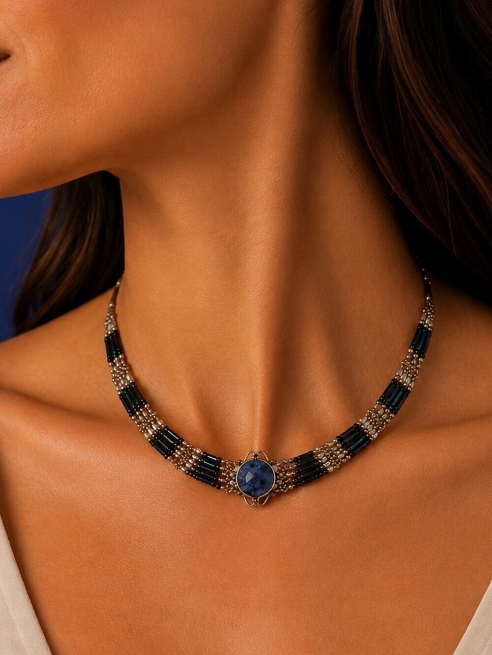 HANDMADE Sodalite Holographic Glass Beaded Esclavage Peruvian Necklace